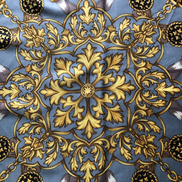 Silk Scarf - Gold Chains Tassels Filigree Design - Gray Black Cream Gold 34” - Picture 2 of 9